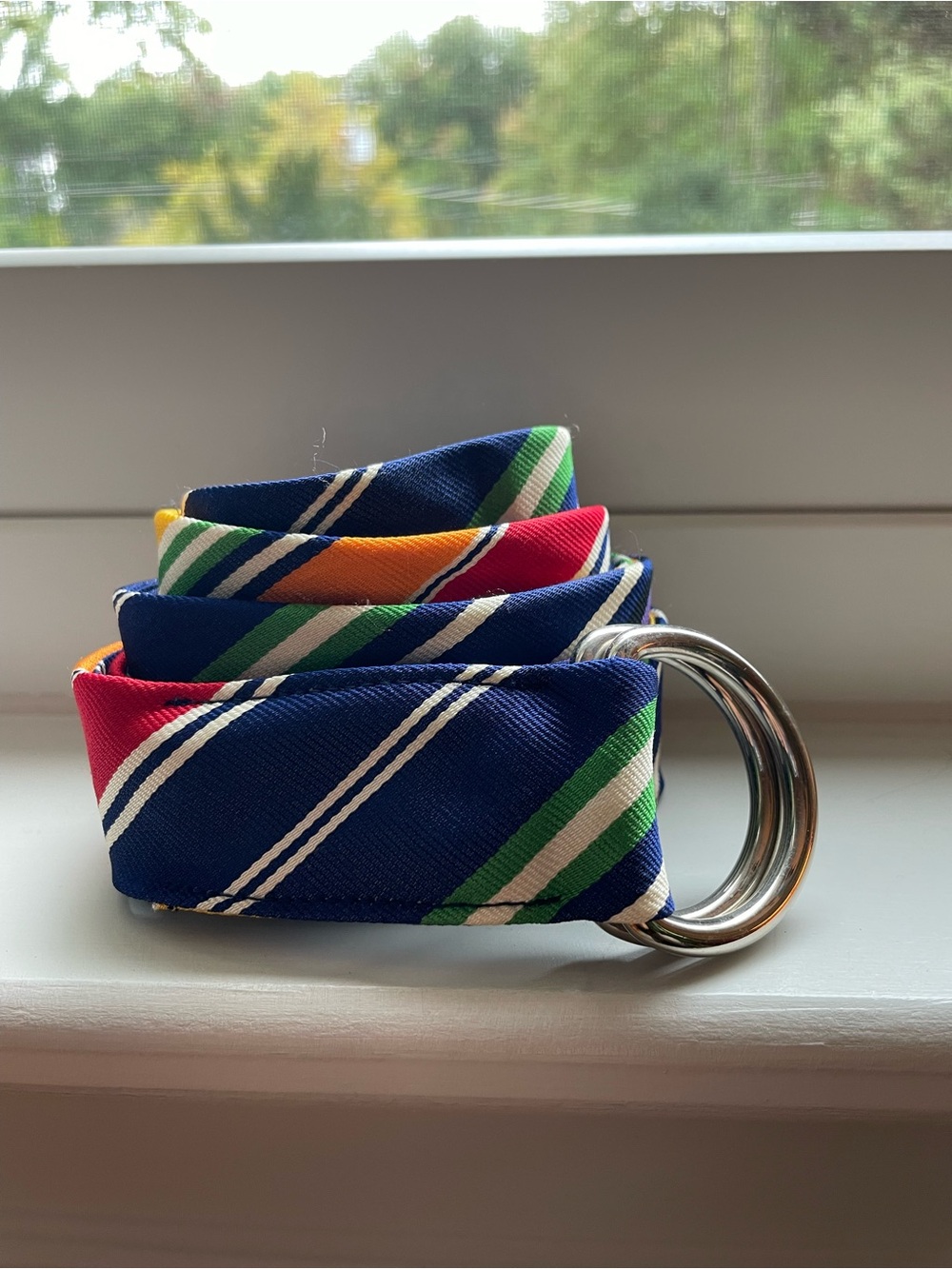 J. Crew Navy Blue Striped D-Ring Fabric Tie Belt with Multi-Color Accents Vintag